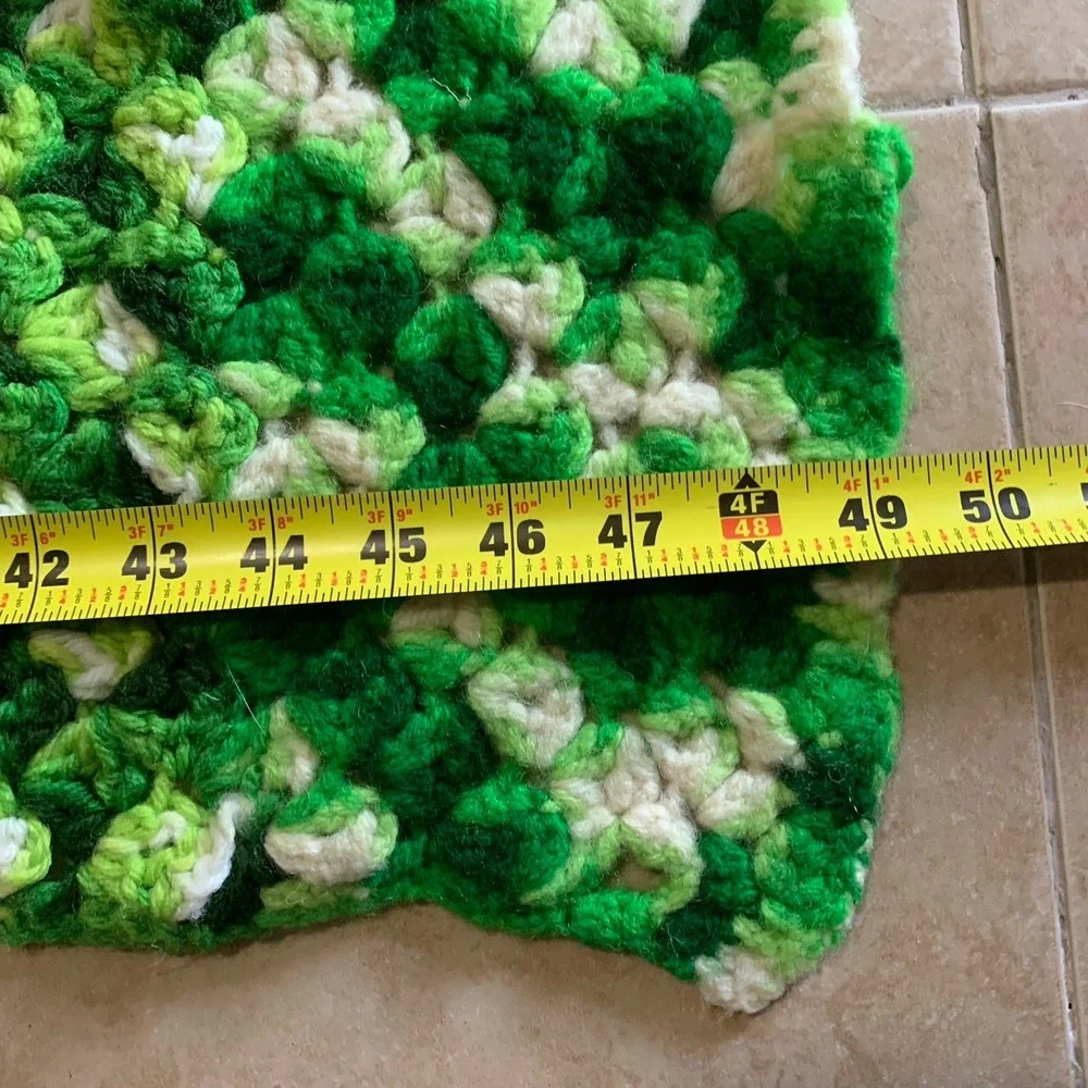 Handmade Crochet Afghan Throw 84x49 Shades Of Green White Textured Squares